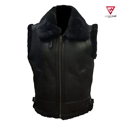 Men's RAF B3 Winter Flight Aviator Fur Shearling Sheepskin Black Leather Vest