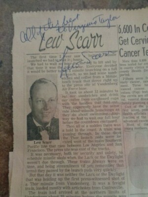 Vtg. 1965 Famed San Diego Union Journalist Lew Scarr Autograph Signed  Article