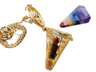 Goldfarbenes Buddha Käfig Pendel mit 7 Chakra Konus