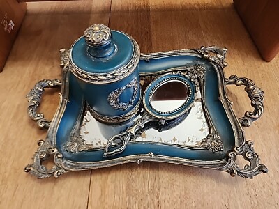 Decorative Resin Vanity Set Colonial Blue Color New with Tags Mirrored Tray