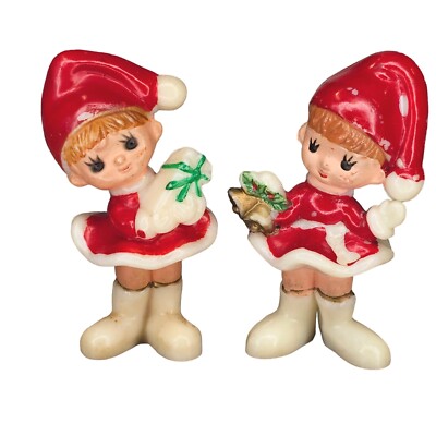 VTG 60s Kitschy Elf Girls Christmas Figurines Miniature Pixie Celluloid Set Of 2