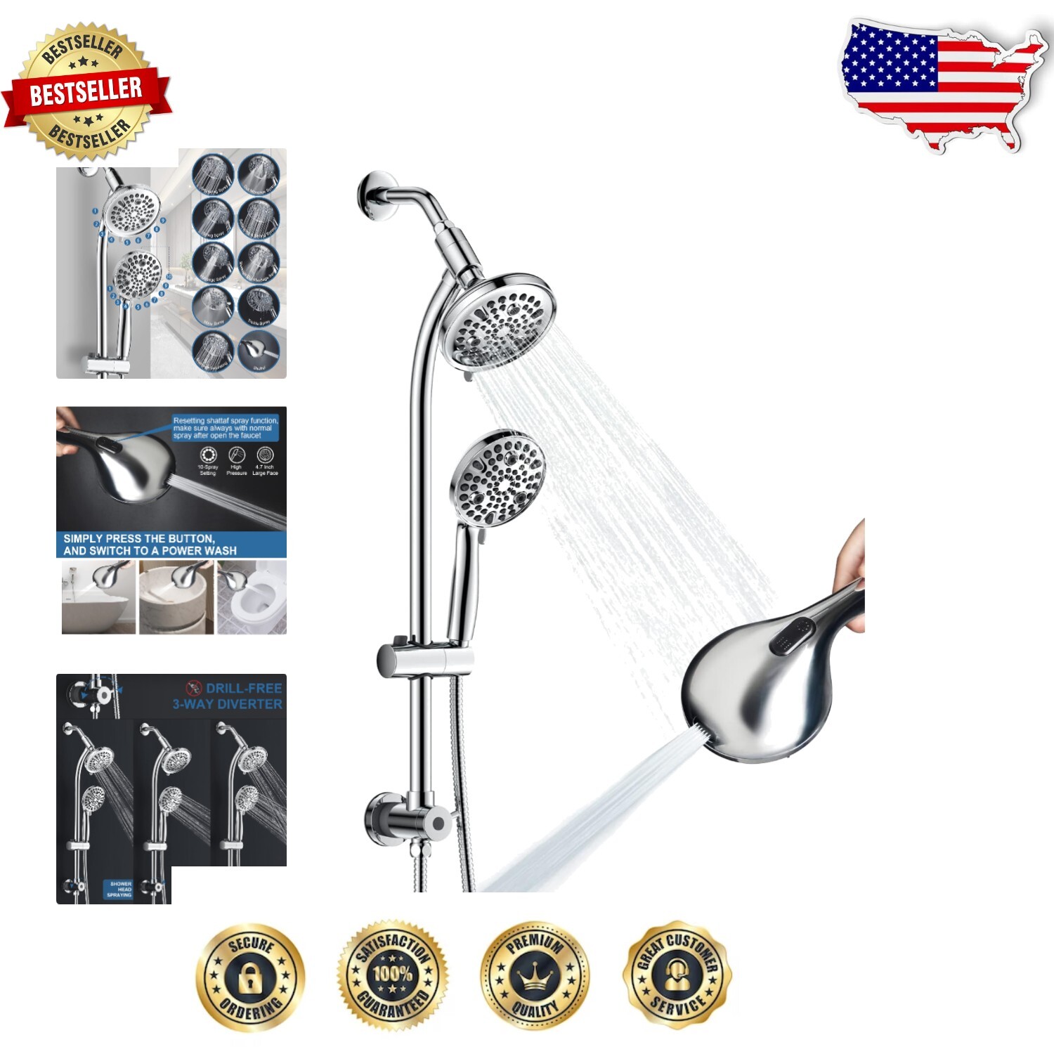 High Pressure Shower Head Combo with Powerful Jet Spray for Quick Cleaning