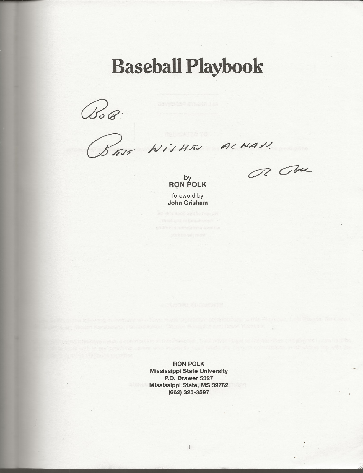 BASEBALL PLAYBOOK RON POLK INSCRIBED MISSISSIPPI STATE UNIVERSITY