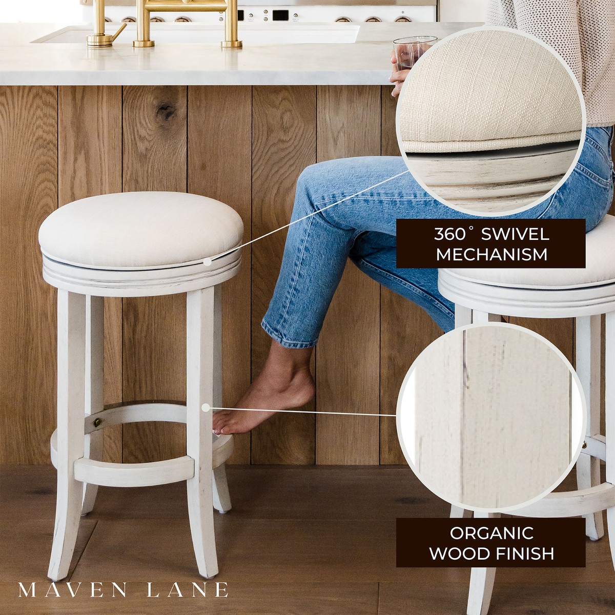 Maven Lane Eva Counter Stool, White Oak Finish w/ Natural Color