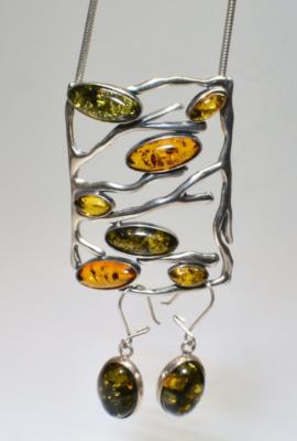 Designer Geprägte 925 Sterling 2-Ton AMBER Set Halskette Clip-Ohrringe 28,78g