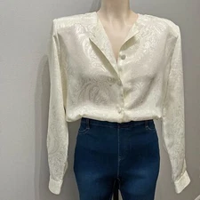 Vintage Tess Ivory Satin Paisley Button Down Blouse Size 12 Shiny Jacquard Top