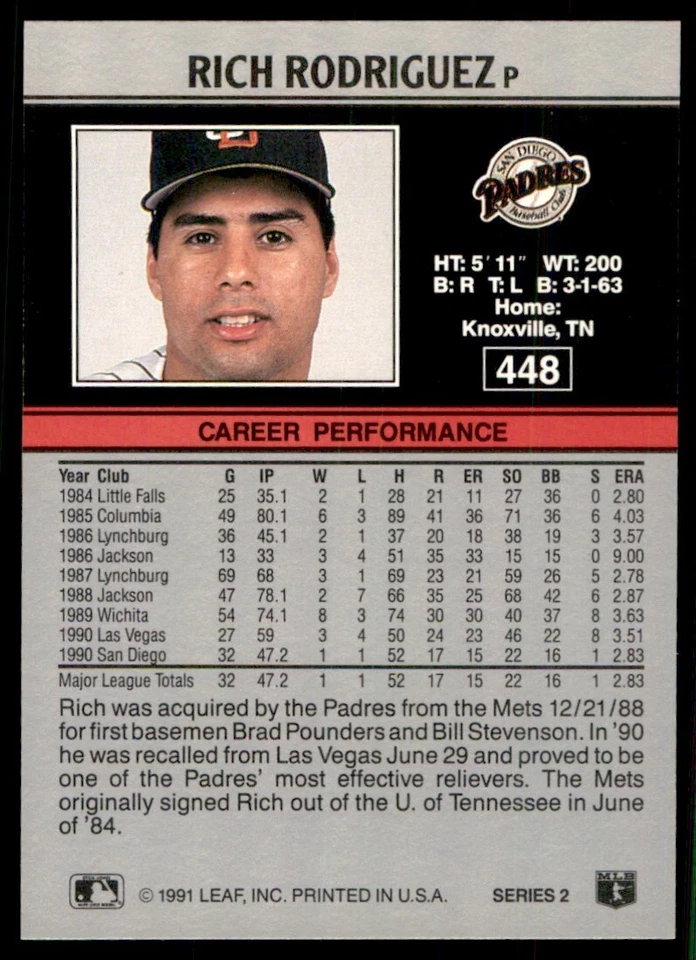 1991 Leaf Rich Rodriguez RC San Diego Padres #448 - Image 2 of 2