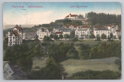 Marienbad Bahnhofstraße Cafe Egerländer Straßenansicht Böhmen 1908 Hermann Poy