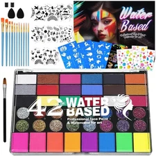 Professional Face Painting Kit, 42 Colors WaterActivated Makeup Palette, Stencil