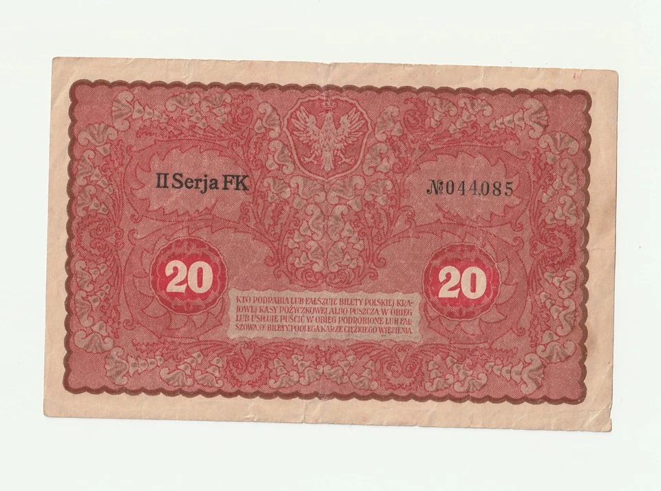 Billete Polonia 20 marcos polacos 1919 Dwadziescia Marek Polskich Foto 2 de 2