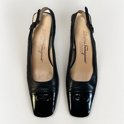Salvatore Ferragamo Gancini Cap Toe Black Leather Sling Back