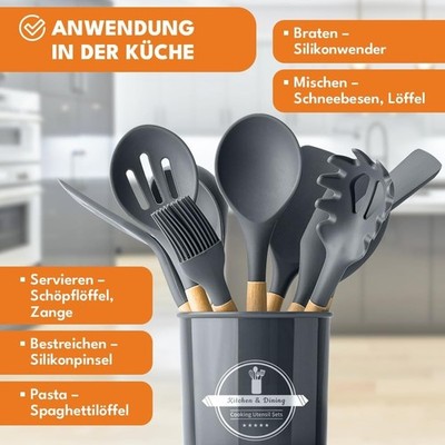 KRUMAD Silicone Kitchen Utensil Set, 11-Piece, Wooden Handles in a container.