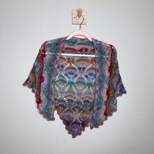 Handmade Crochet Multicolor Lace Triangular Shawl Scalloped Fan Stitch Wrap