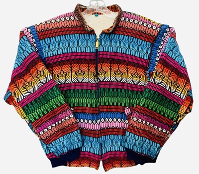 Vintage Aztec Guatemalan Hand Woven Bomber Jacket Marco Polo Medium