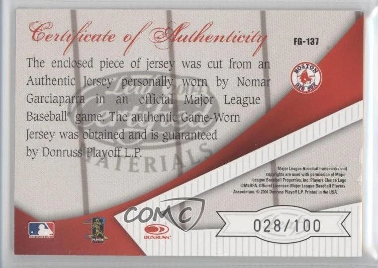 2004 Leaf Certified Materials Fabric of the Game AL/NL /100 Nomar Garciaparra - Image 2 of 2