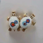Rare Vintage Signed Eisenberg Millefiori Milk Glass Turtles Gold Tone Brooch Pin