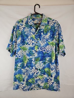 Paradise Collection Mens Size XL 100% Silk Blue Hawaiian Print Shirt