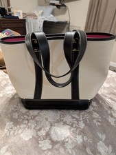Beige/Black Large Tote Bag, Double Handles, Inner Pockets, Pouch, Gold Hardware