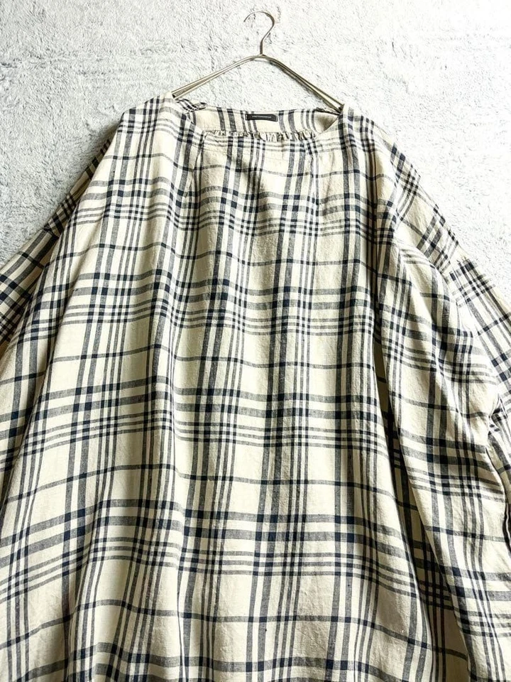 Robe maxi évasée à carreaux Veritecoeur 100 % lin gris manches longues - Photo 2/4