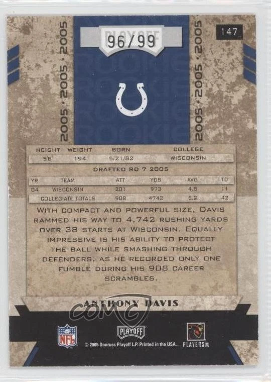 2005 Playoff Honors Rookie Xs /99 Anthony Davis #147 Rookie RC - Image 2 of 2