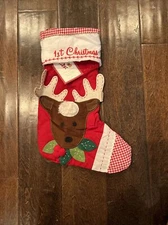 NWT Pottery Barn Reindeer Deer Quilted Red 1st Christmas Stocking No Mono*
