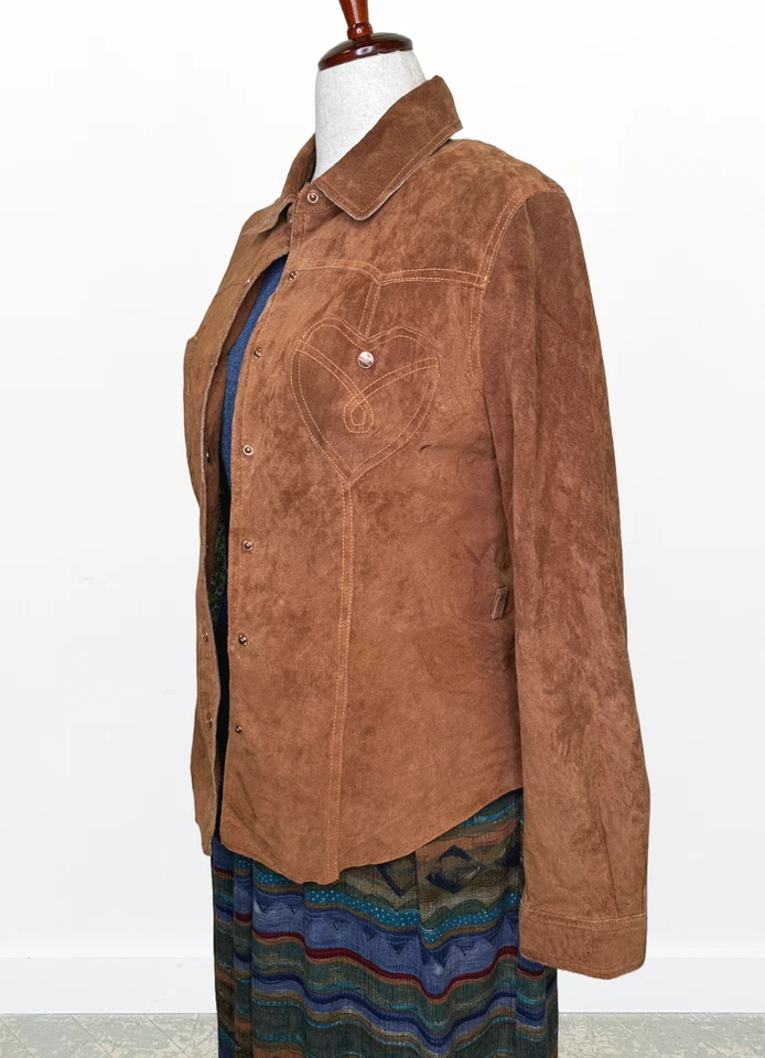 Vintage Y2K Suede Leather Heart Pocket Western Prairie Boho Snap Shacket Size M - Image 3 of 4