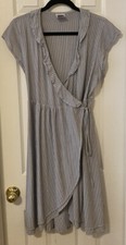 Nom Gray Stripped Short Sleeve Marina Ruffle Wrap Dress Bamboo Cotton Large