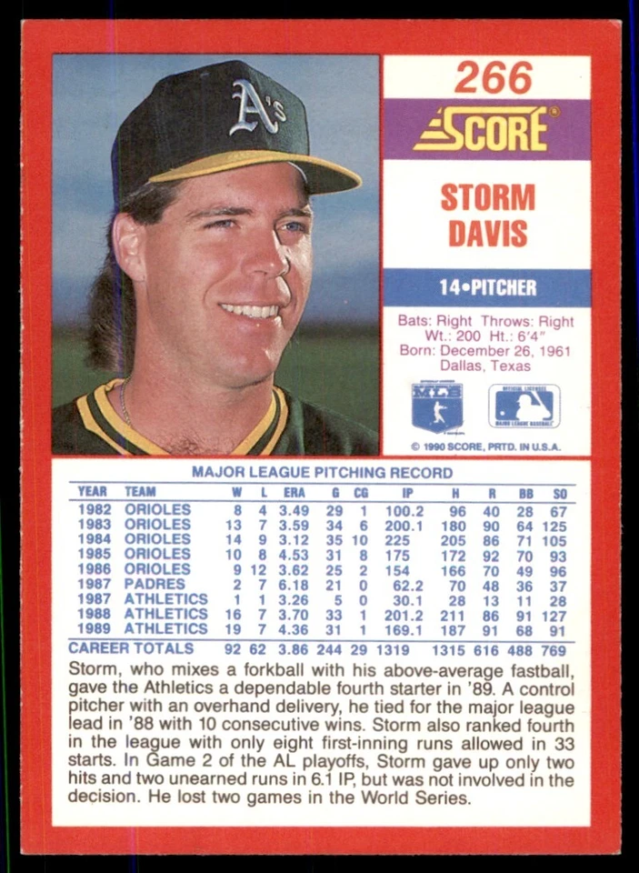 1990 Score Storm Davis Oakland Athletics #266 - Image 2 of 2