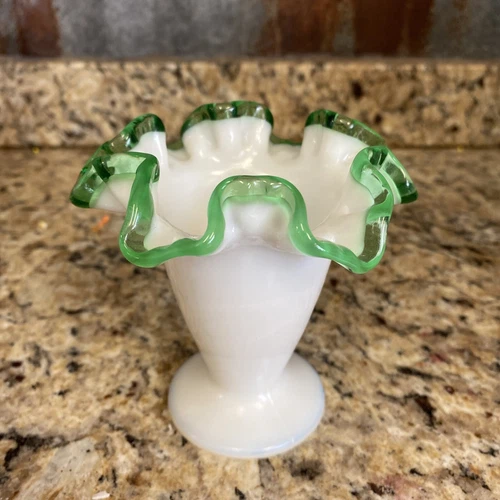 Fenton Milk Glass Green Emerald Crest Vase  6.5" Inches Tall