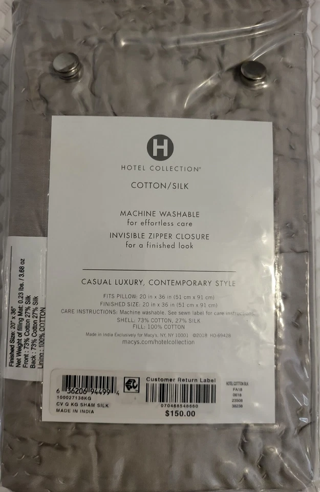 Hotel Collection KING Sham Algodón/Seda Acolchado a Mano Gris Foto 3 de 3