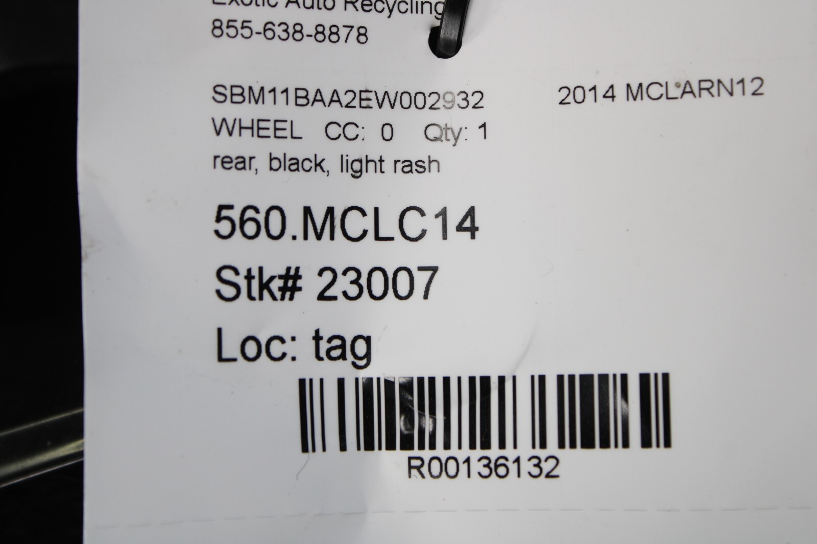 McLaren MP4-12C, Rear Wheel, Black, Light Rash, 11X20, Used