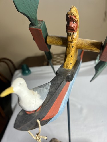 Vintage Carved Whirligig By Dick Steele Of Old Man & Sea On Drift Wood Base-Nice - Picture 8 of 21