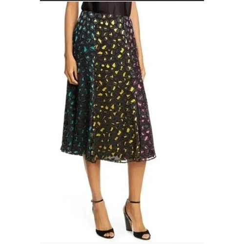 Alice + Olivia Jenessa Black Multi Silk Burnout Abstract Leopard Midi Skirt 2