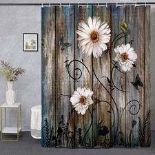 Rustic Shower Curtain Set Grey Daisy Floral Butterfly Shower Curtain for Bath...