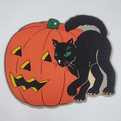 Black Cat Pumpkin Jack O Lantern Vintage Halloween Die Cut Decoration