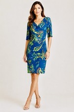 Lauren Ralph Lauren Sheath Dress 6 Ruched Jersey Stretch Draped Neck Blue Floral