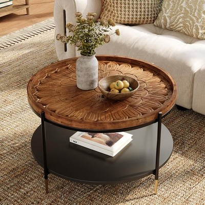 Solid Wood Round Coffee Table 31.5-Inch Boho Center Tea Table for Small Spaces