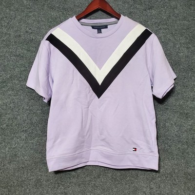 Tommy Hilfiger Crewneck Shirt Womens Small Lavendar Chevron Stripe Thick Fleece 