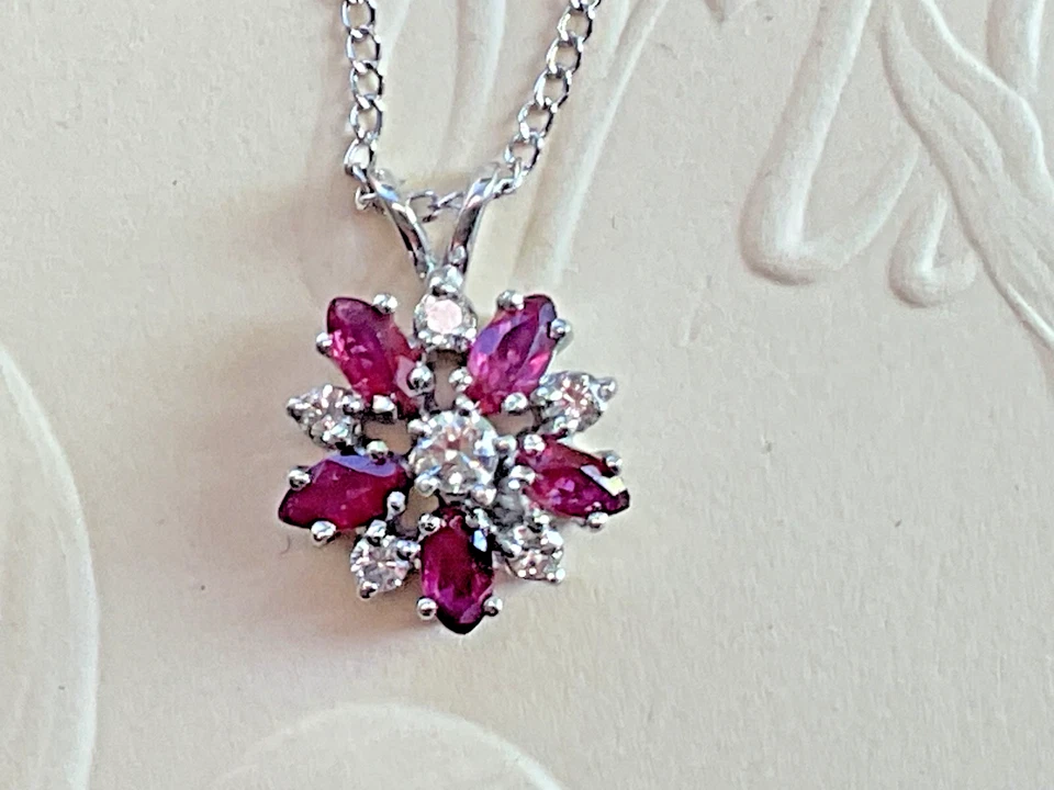 14K White Gold Ruby Diamond Cluster Pendant Necklace - Image 2 of 4