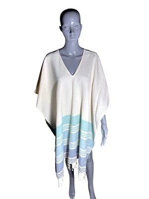Tribe Alive Handmade Cotton Poncho One Size Cream Aqua Striped Fringe
