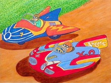Vintage Japanese Space Toy Original Artist Print Note Cards- Rocket Race Cars