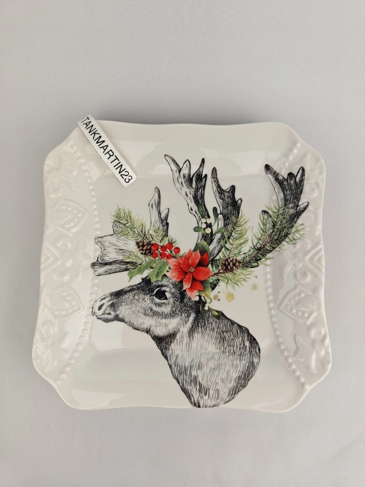 Set of 4 Furry Christmas Reindeer Caribou Elk Poinsettia Salad Dessert Plates - Image 2 of 4