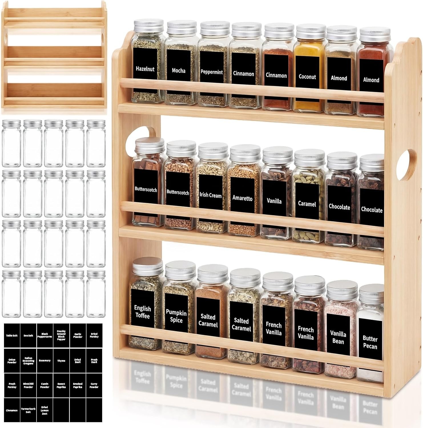 3 Tier Bamboo Spice Rack Organizer W/ 24 Spice Glass Jars 4 oz Glass Seasoning
