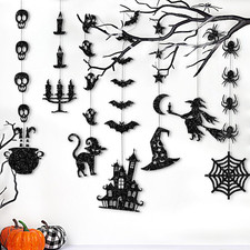 Glitter Black Halloween Hanging Banner Garland Decorations - Ghosts, Witches, Ba
