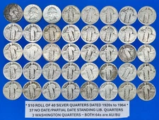 90% Silver Quarters Roll Lot of 40 Coins ~ 37 Standing Liberty and 3 Washington