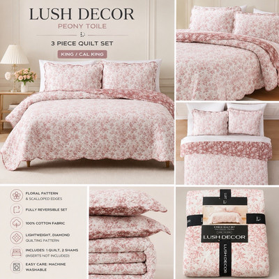 Lush Decor Peony Toile King/Cal King 3pc Quilt Set 100% Cotton Floral Reversible