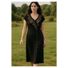 Vintage Carole Little Black Knit Sweater Dress Embroidered Boho Artsy Petite L