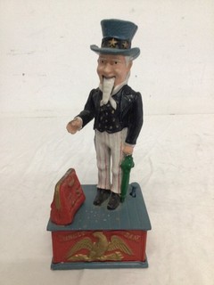 Uncle Sam Metal Mechanical Coin Piggy Bank Iron Working (Missing Stopper)