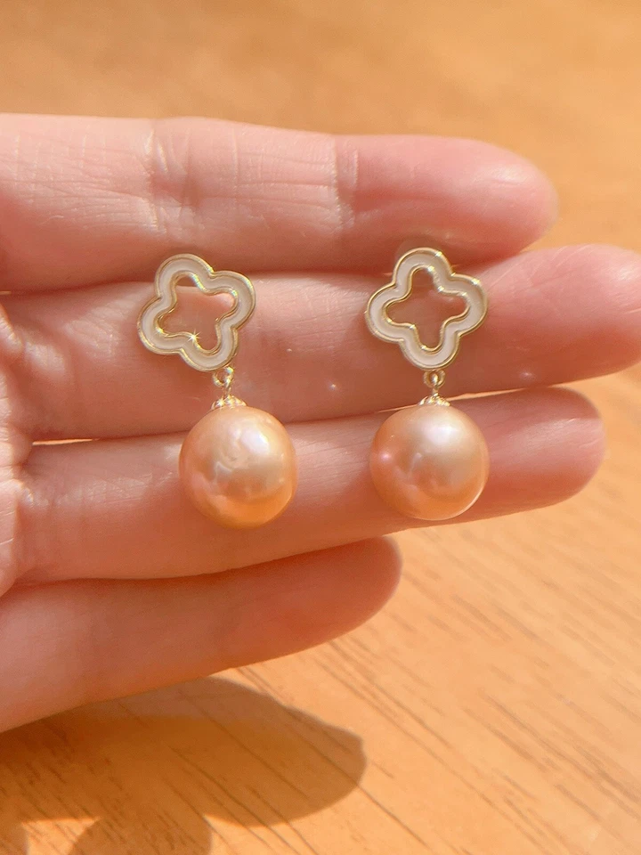 Pendientes Trébol Perla Edison Naranja Redonda 12mm, Pendientes FN Oro 18k Foto 4 de 4