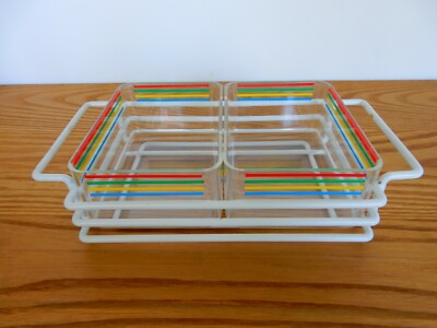Vtg 1980's Rainbow Stripe Acrylic Coated Wire 2 Dish Buffetware Host Service HTF